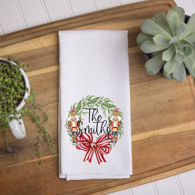 Personalized Christmas Kitchen Towel – Nutcracker Wreath