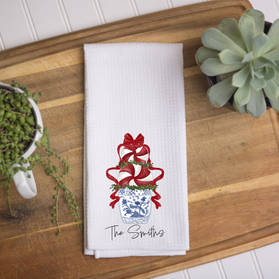Personalized Christmas Kitchen Towel – Candy Cane Topiary