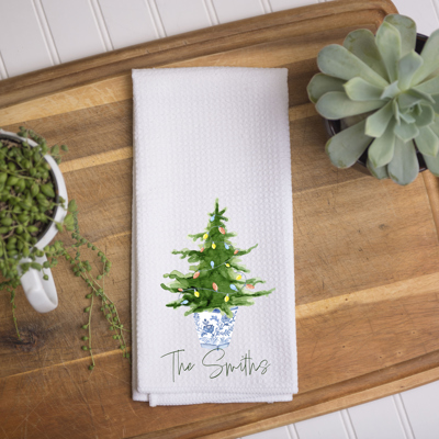 Personalized Christmas Kitchen Towel – Whimsical Fun Christmas Tree Topiary
