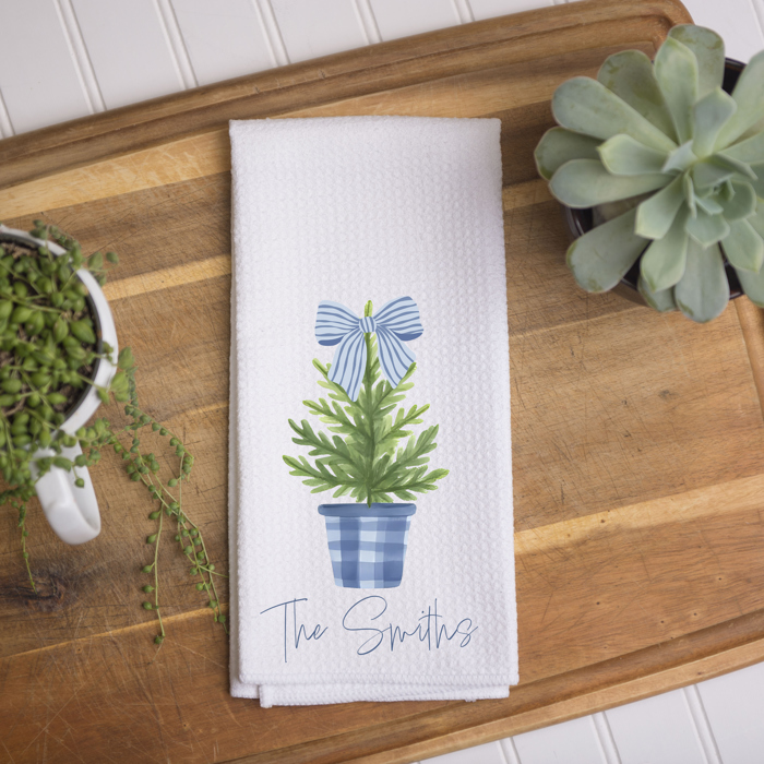 Personalized Christmas Kitchen Towel - Blue Bow