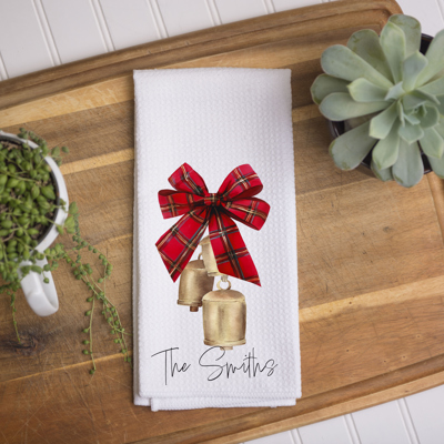 Personalized Christmas Kitchen Towel – Red Bow Bells
