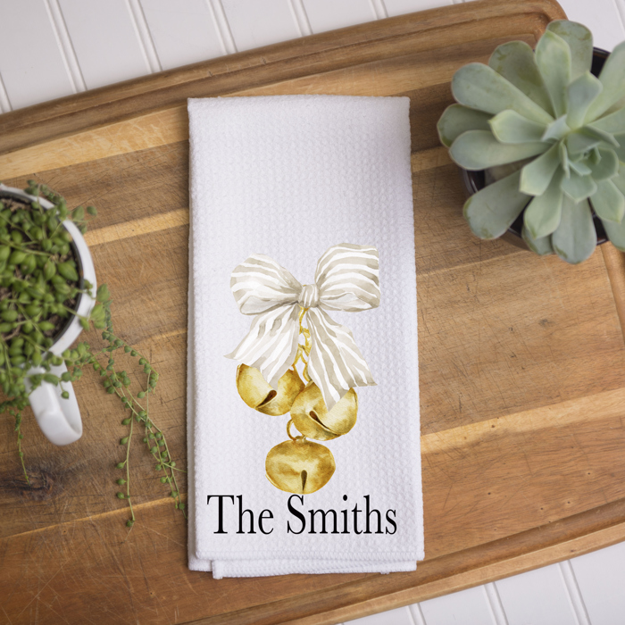 Personalized Christmas Kitchen Towel – Gold Bow Bell