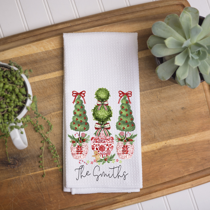 Personalized Christmas Kitchen Towel – Red Topiaries