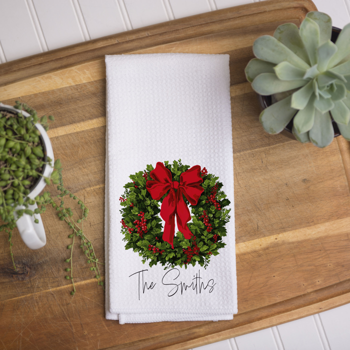Personalized Christmas Kitchen Towel – Traditional Christmas Wreath