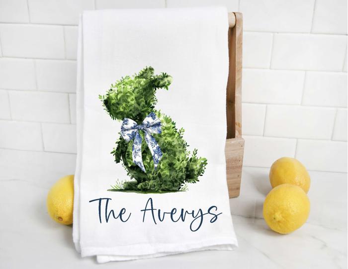 Personalized Chinoiserie Bunny Topiary Tea Towel 