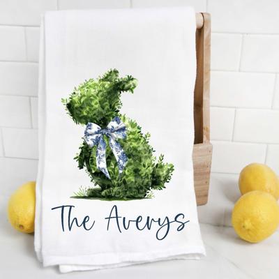 Personalized Chinoiserie Bunny Topiary Tea Towel 