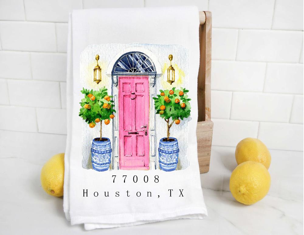 Personalized Chinoiserie Zip Code City and State Tea Towel