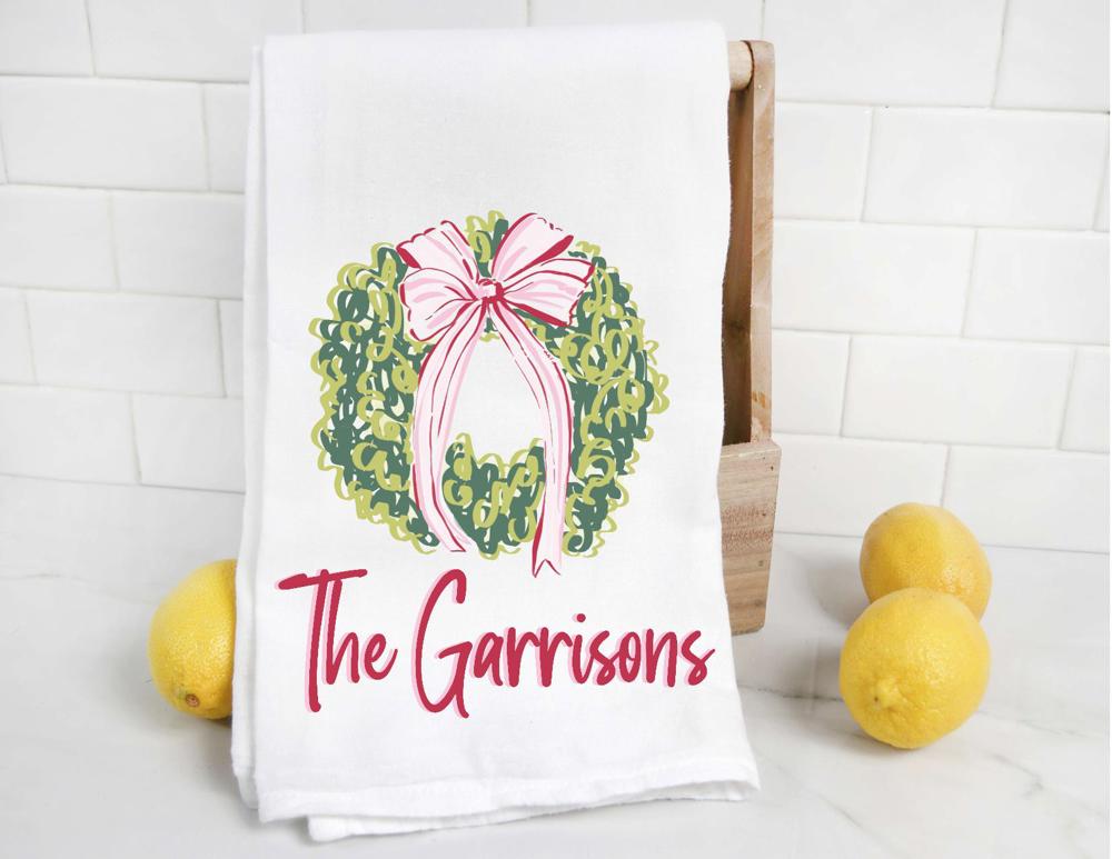 Personalized Holiday Wreath Tea Towel 