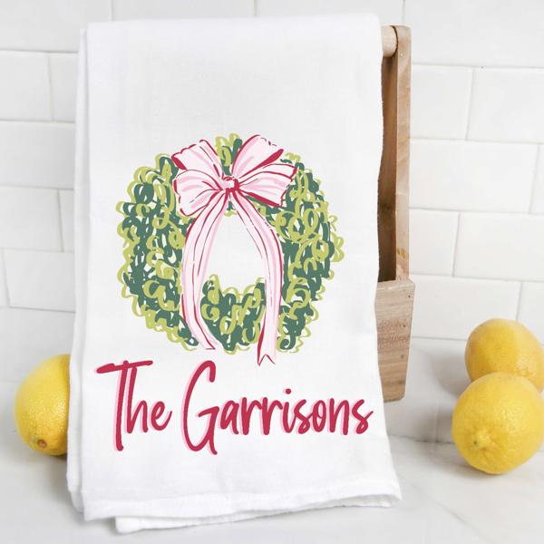 Personalized Holiday Wreath Tea Towel 