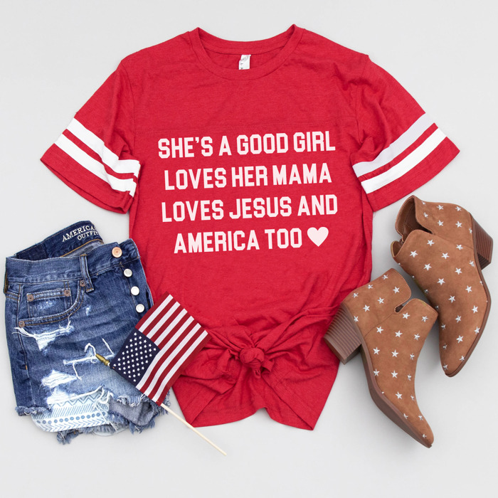Preppy Patriotic Jersey Tee – She’s a Good Girl, Loves Jesus & America