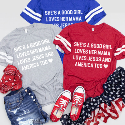Preppy Patriotic Jersey Tee – She’s a Good Girl, Loves Jesus & America