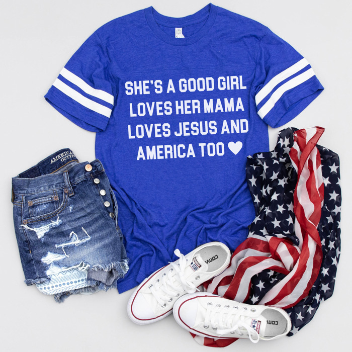 Preppy Patriotic Jersey Tee – She’s a Good Girl, Loves Jesus & America