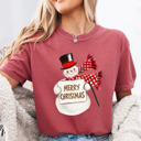 Small (UNISEX) Merry Christmas Snowman: Crimson Vintage Christmas T-Shirts – Retro Holiday Tees with Santa, Snowman, Reindeer, and Festive Nostalgia