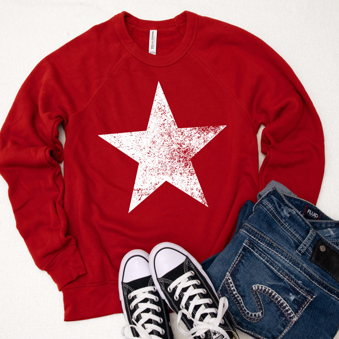 Bella Canvas Distressed Star Patriotic Fleece Sweater – Cozy Bonfire Sweatshirt for 4th of July