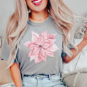 Small (UNISEX) Poinsettia: Grey Vintage Minty Christmas Holiday Tees – Santa, Reindeer, Snowman, Noël, and Poinsettia for Classic Holiday Cheer, Cozy Winter Style, and Holiday Gift Ideas