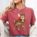 Small (UNISEX) Reindeer: Crimson Vintage Christmas T-Shirts – Retro Holiday Tees with Santa, Snowman, Reindeer, and Festive Nostalgia