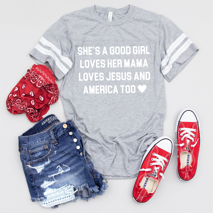 Preppy Patriotic Jersey Tee – She’s a Good Girl, Loves Jesus & America