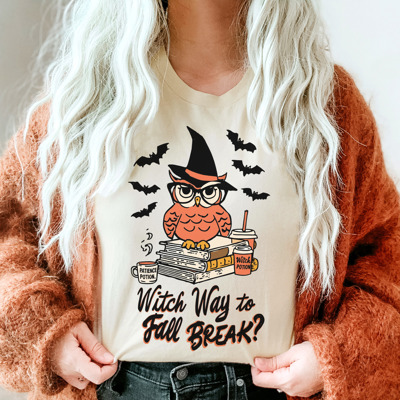 Witch Way to Fall Break Teacher Shirt – Cute Halloween Teacher Tee, Spooky Season Top, Pumpkin Patch Outfit
