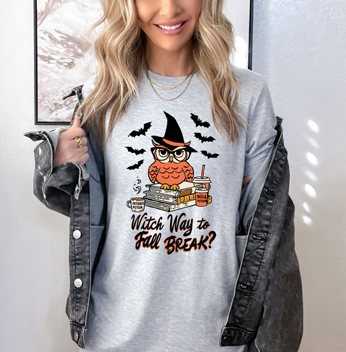 Witch Way to Fall Break Teacher Shirt – Cute Halloween Teacher Tee, Spooky Season Top, Pumpkin Patch Outfit