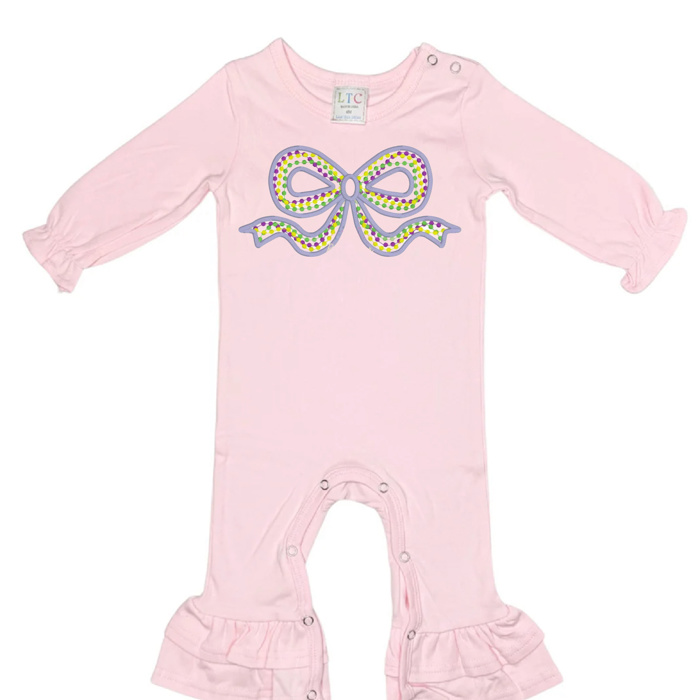 Mardi Gras Embroidered Long Ruffle Romper | 3Designs |Sizes 3M-2T