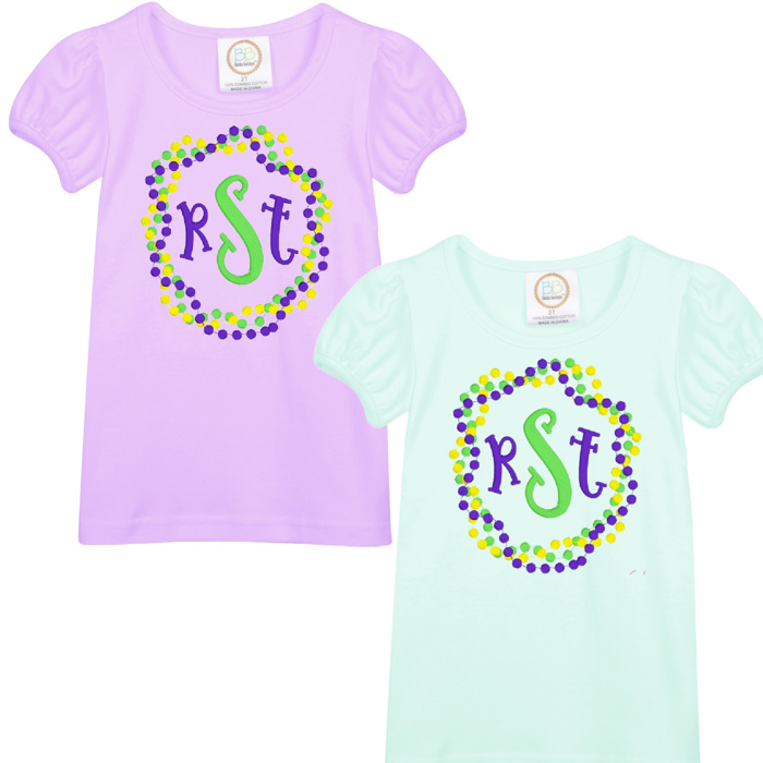 Mardi Gras Embroidered Monogram Tee | Sizes 2T-12Y