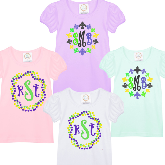 Mardi Gras Embroidered Monogram Tee | Sizes 2T-12Y