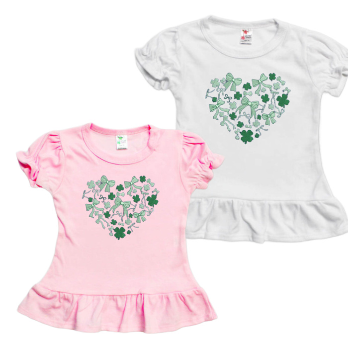 Clover and Bows Heart Embroidered St. Patrick's Day Tee | Sizes 2T-8Y