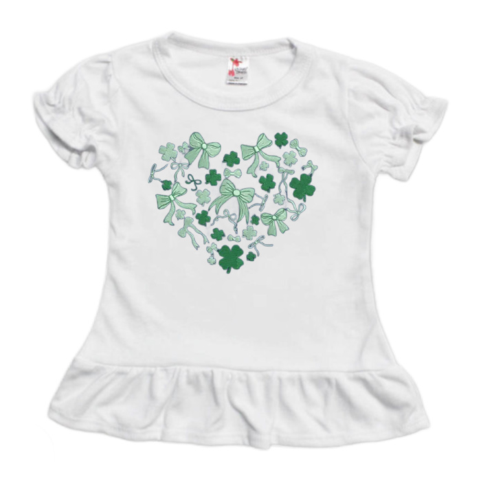 Clover and Bows Heart Embroidered St. Patrick's Day Tee | Sizes 2T-8Y