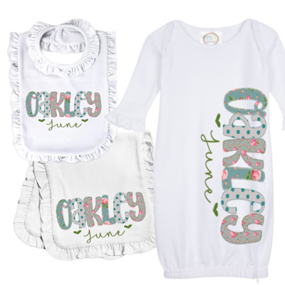 Personalized Alphabet Soup Gown Bib Burp Combo