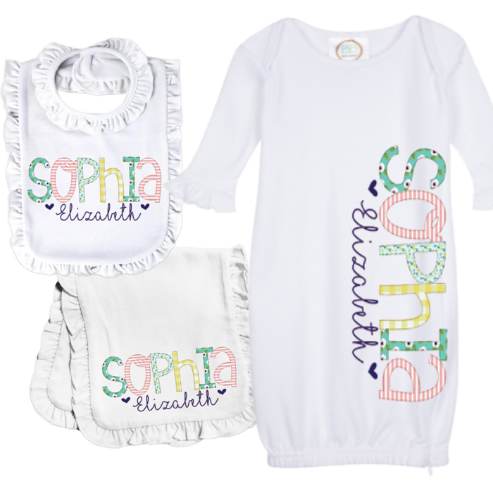 Personalized Alphabet Soup Gown Bib Burp Combo