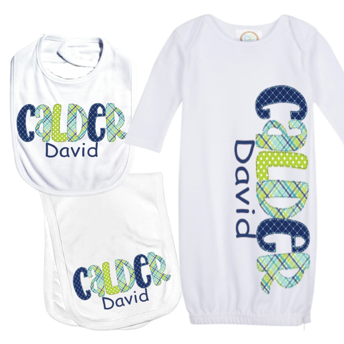 Personalized Alphabet Soup Gown Bib Burp Combo