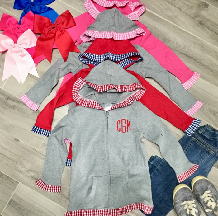 Gingham Trimmed Ruffle Jacket Monogramed | 8 Colors