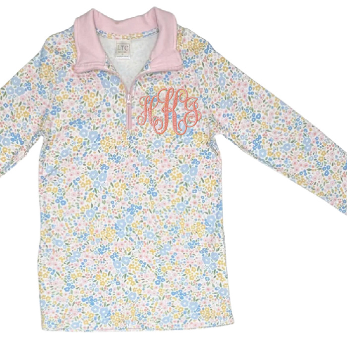 Monogrammed Girls Floral Pullover Sweater 1/4 Zip Personalized |Sizes 2T-10Y