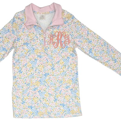 Monogrammed Girls Floral Pullover Sweater 1/4 Zip Personalized |Sizes 2T-10Y