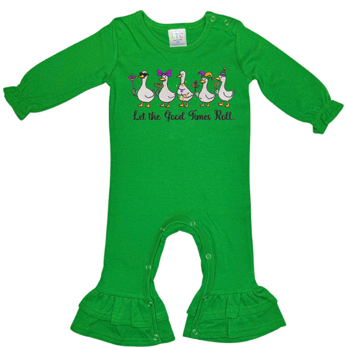 Mardi Gras Embroidered Long Ruffle Romper | 3Designs |Sizes 3M-2T