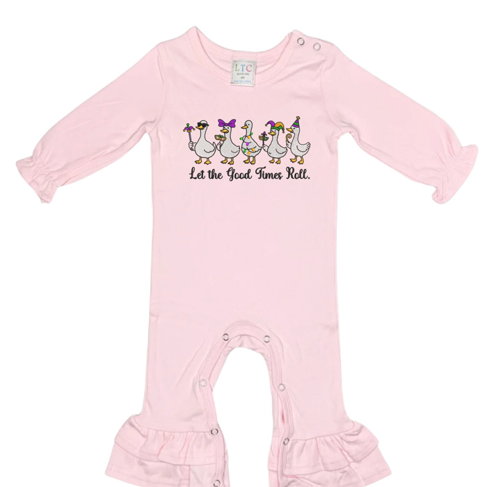 Mardi Gras Embroidered Long Ruffle Romper | 3Designs |Sizes 3M-2T