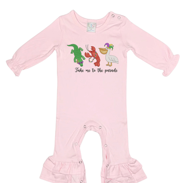 Mardi Gras Embroidered Long Ruffle Romper | 3Designs |Sizes 3M-2T