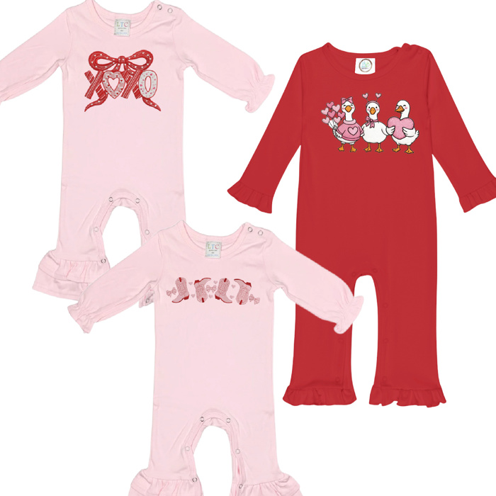 Valentine Embroidered Long Ruffle Romper | 3Designs |Sizes 3M-2T