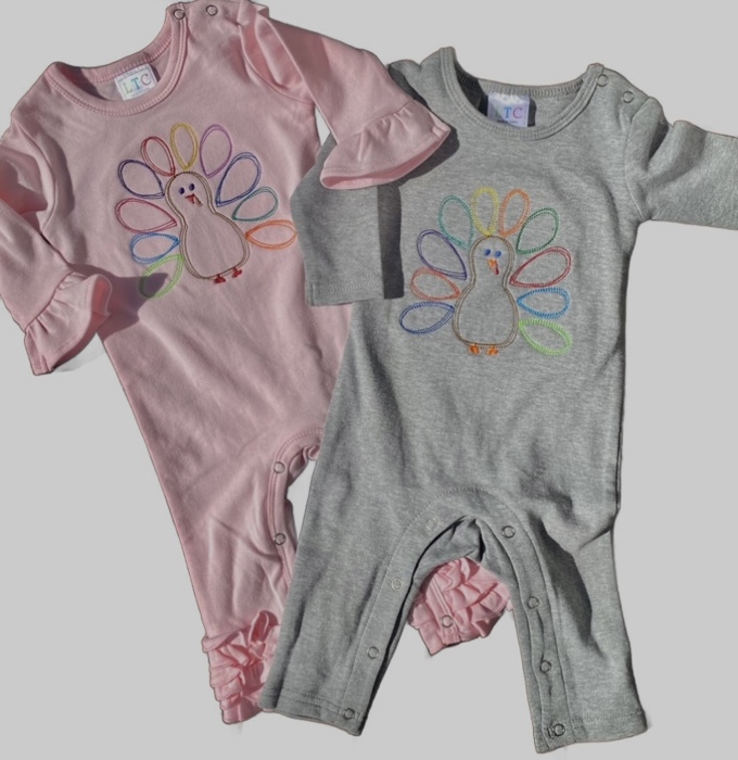 Turkey Embroidered Romper Thanksgiving | 2 Colors | Sizes 3M-3Y
