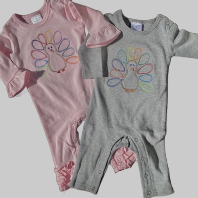Turkey Embroidered Romper Thanksgiving | 2 Colors | Sizes 3M-3Y