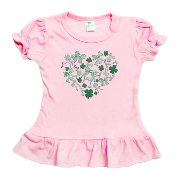 Clover and Bows Heart Embroidered St. Patrick's Day Tee | Sizes 2T-8Y