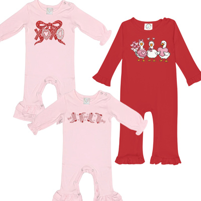 Valentine Embroidered Long Ruffle Romper | 3Designs |Sizes 3M-2T