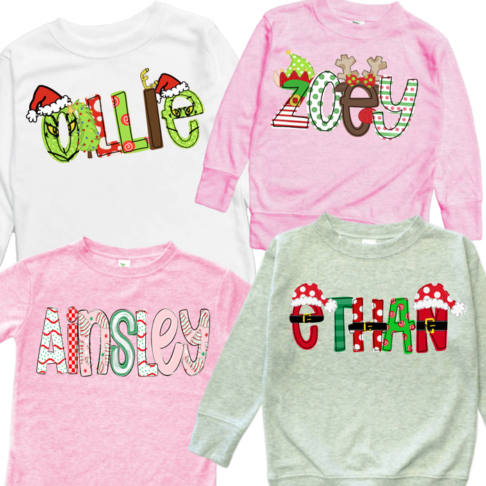 Holiday Name Tee Personalized Christmas Theme and Character | Sizes 2T-10Y | 8 Alphas
