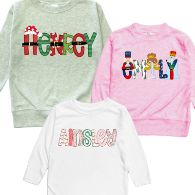 Holiday Name Tee Personalized Christmas | Sizes 2T-10Y | 8 Alphas
