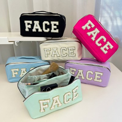 Zippered Cosmetic Varsity Letter Patch "FACE" bag with handle