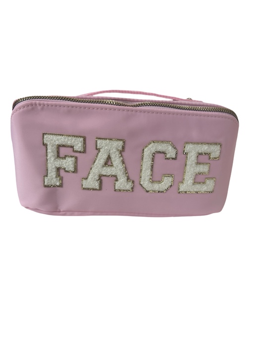 Zippered Cosmetic Varsity Letter Patch "FACE" bag with handle