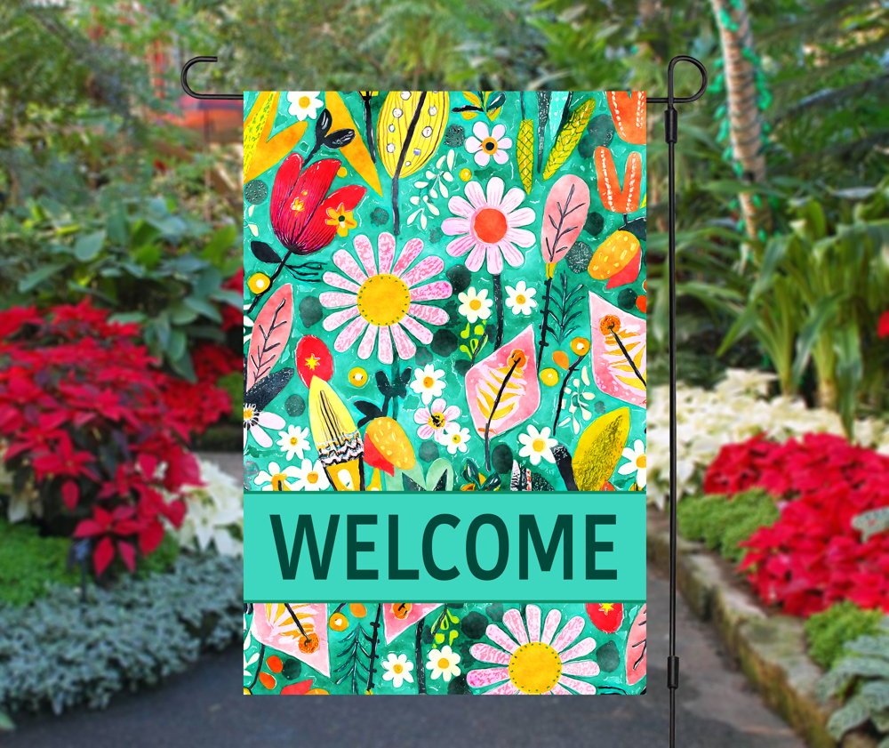 Garden Flag - Welcome Green Red Tulip