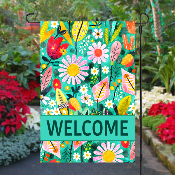 Garden Flag - Welcome Green Red Tulip