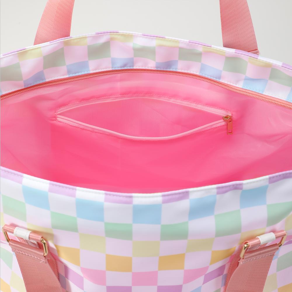 Zippered Tote Bag with Shoulder Strap Pastel Checkered