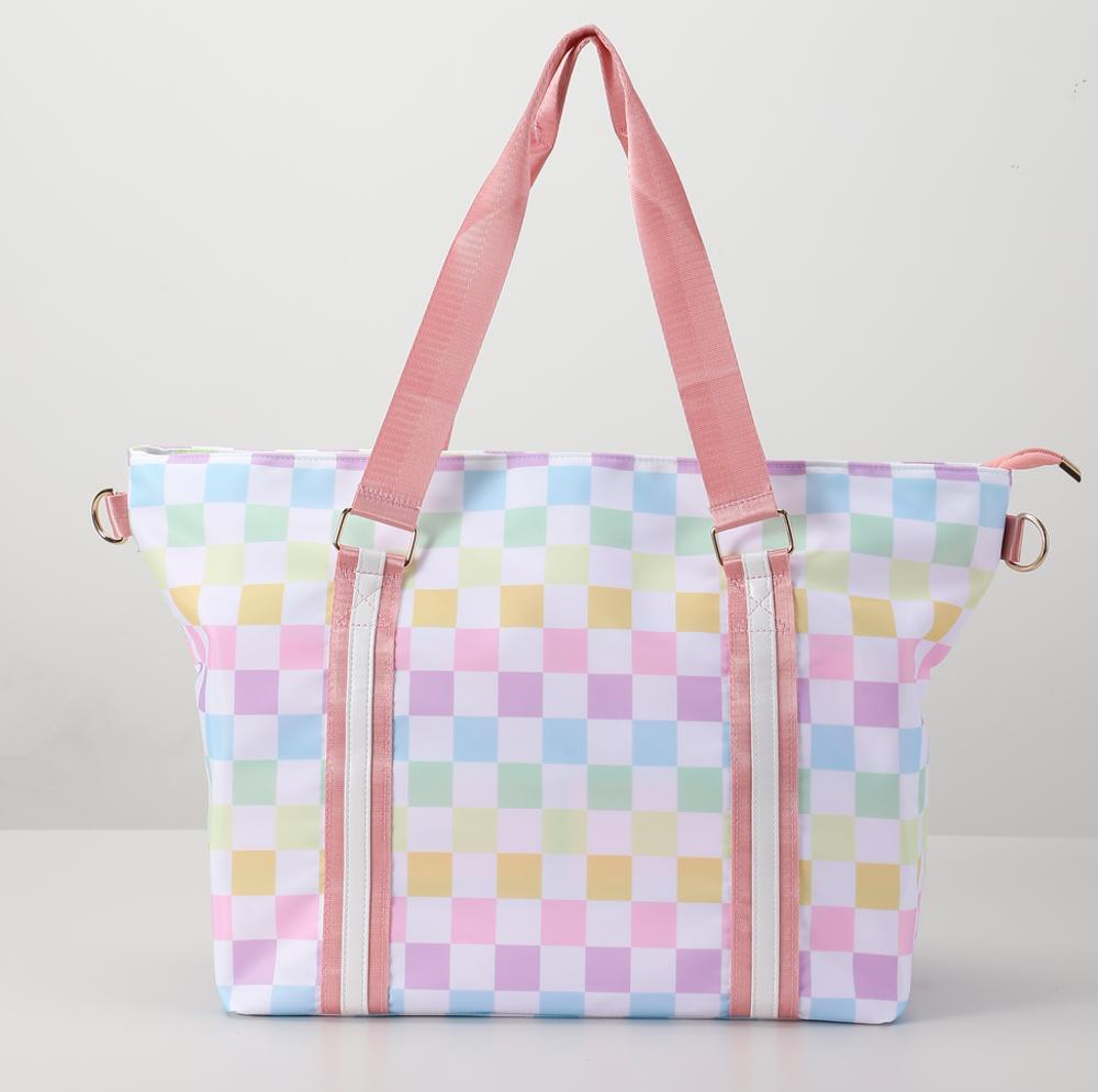 Zippered Tote Bag with Shoulder Strap Pastel Checkered